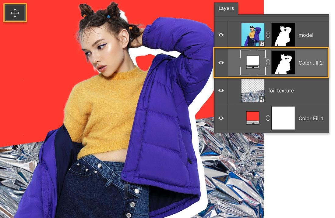 Move tool displays upper left; Layers panel shows white color fill layer below the model layer, model has white drop shadow
