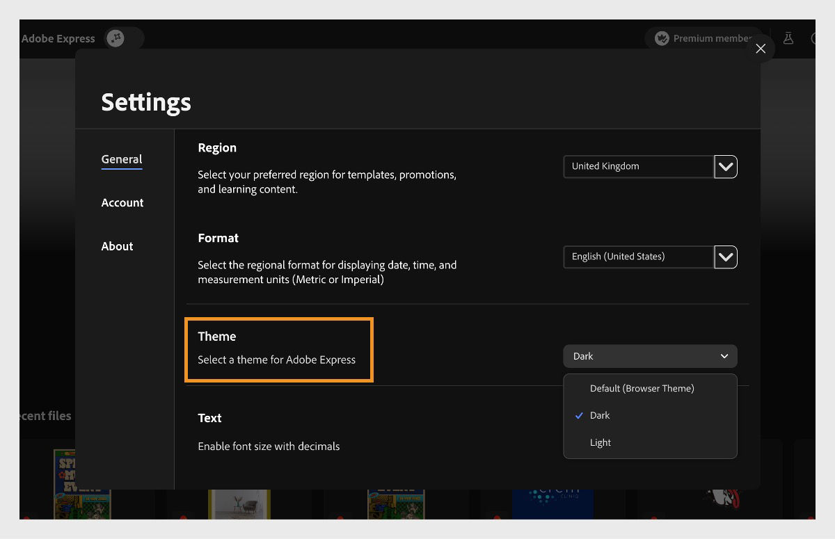 Adobe Express settings panel with dark theme selected. 