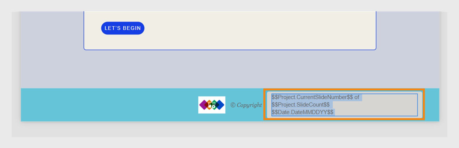 An example of adding a date variable inside the slide count text component