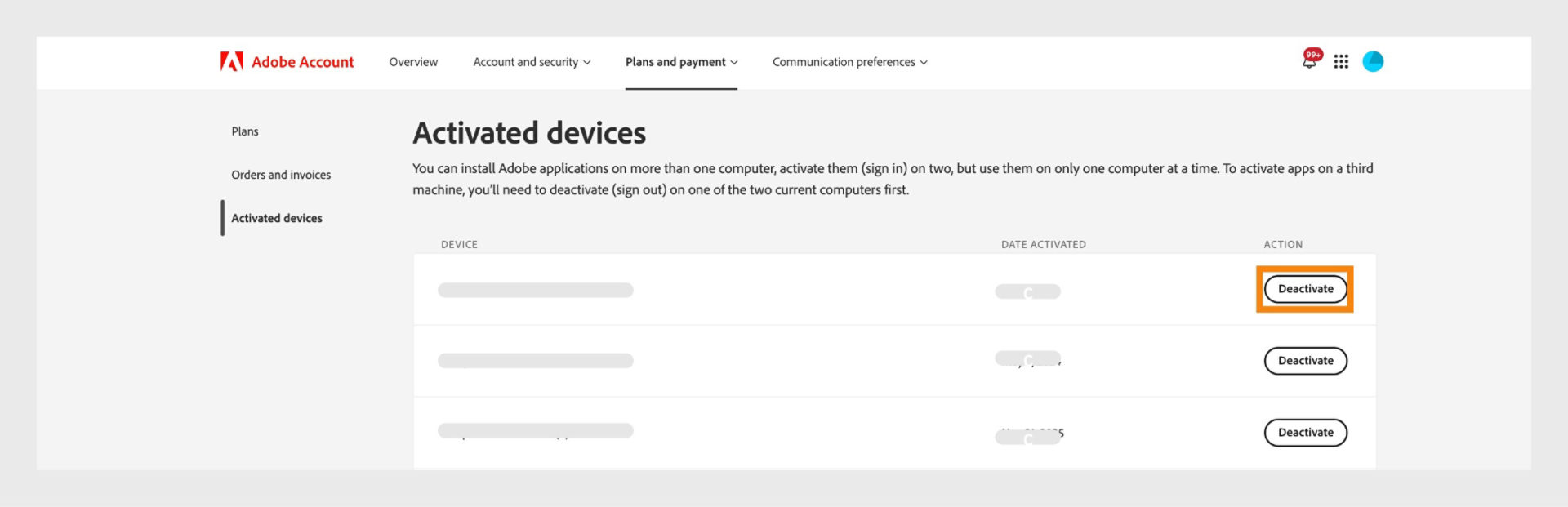 Activated devices in Adobe Account, showing a list of devices linked to the subscription.