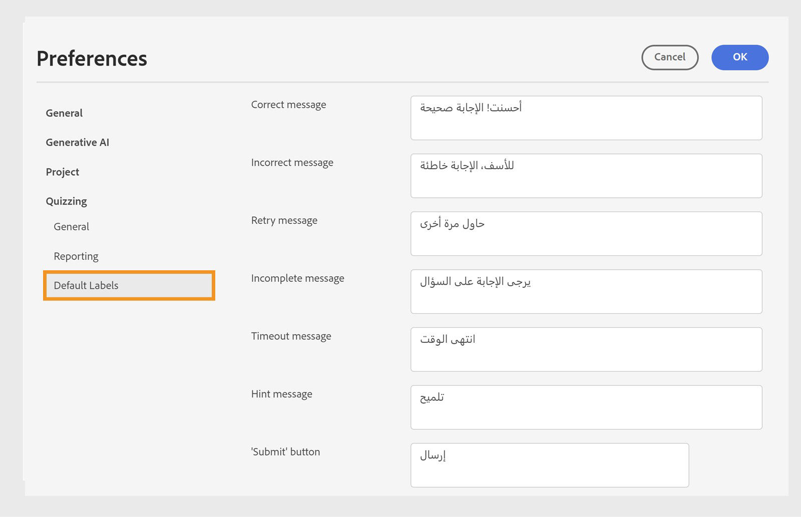 Replace default labels with RTL text