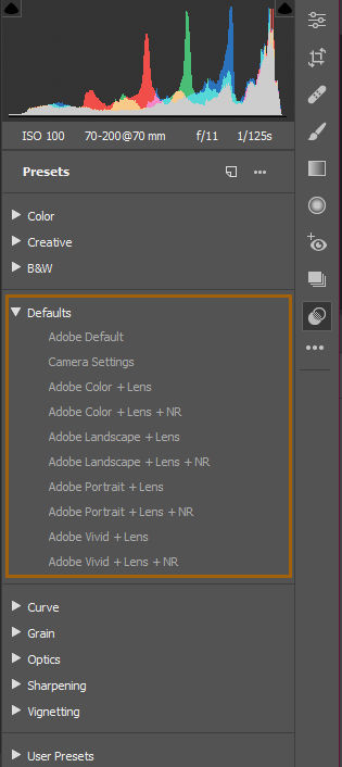 Defaults presets in Adobe Camera Raw