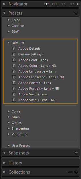 Defaults presets in Lightroom Classic