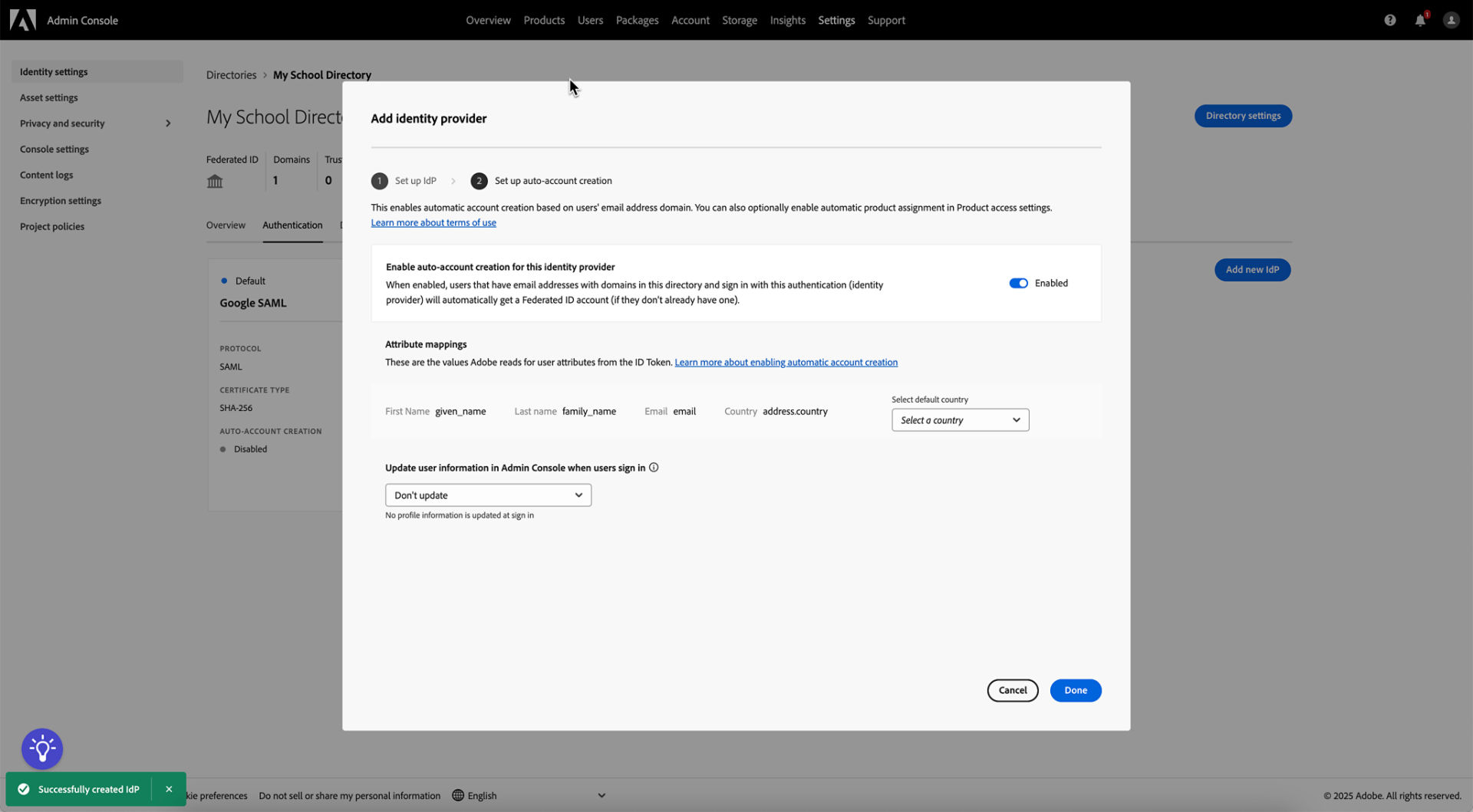 Leave all setting for my login as default and select done.