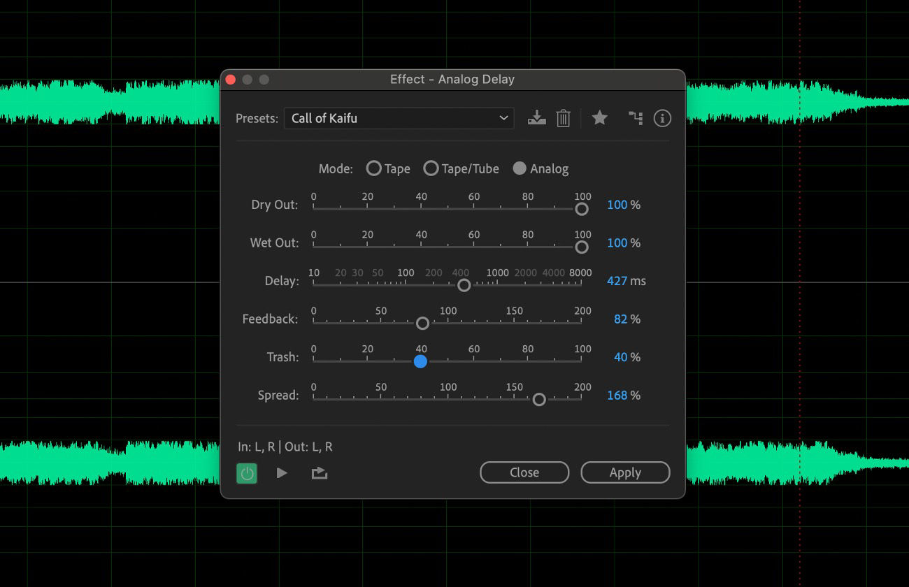 The Analog delay effect dialog box is open, and the settings are available to simulate the sonic warmth of vintage hardware delay units.