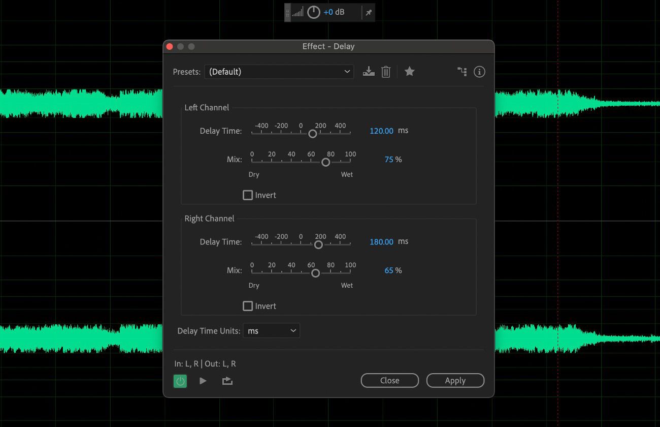 The Delay effect dialog box is open, and the settings are available to create single echoes, as well as a number of other effects.