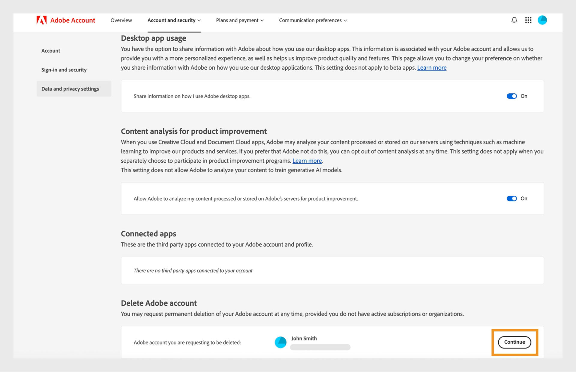 A seção Excluir conta da Adobe da página Configurações de dados e privacidade mostra as informações da sua conta e uma opção para continuar excluindo sua conta. 