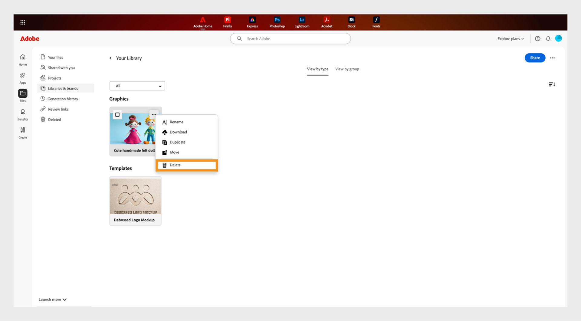 The element context menu, that opens when you right-click an element in your library, provides the option to delete the element in the library. 