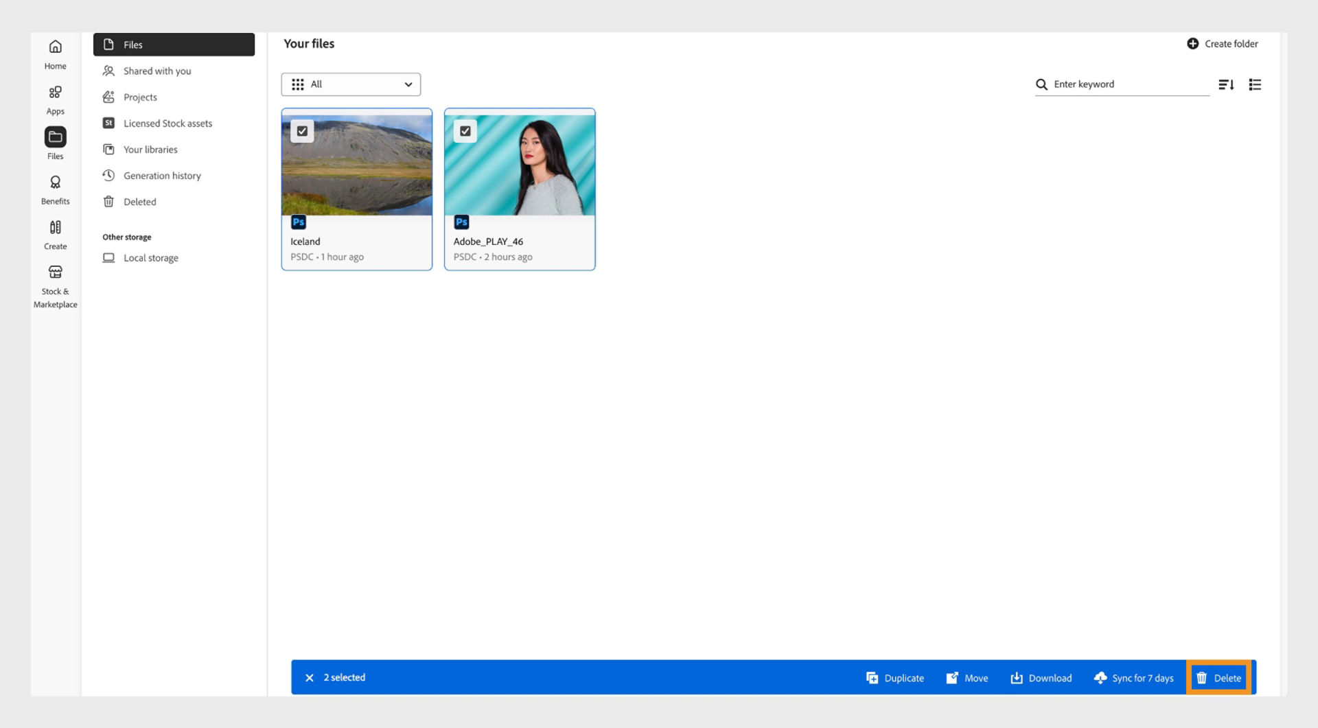 The blue ribbon, that appears at the bottom when you select your files in the Files tab, provides the option to delete your cloud documents. 
