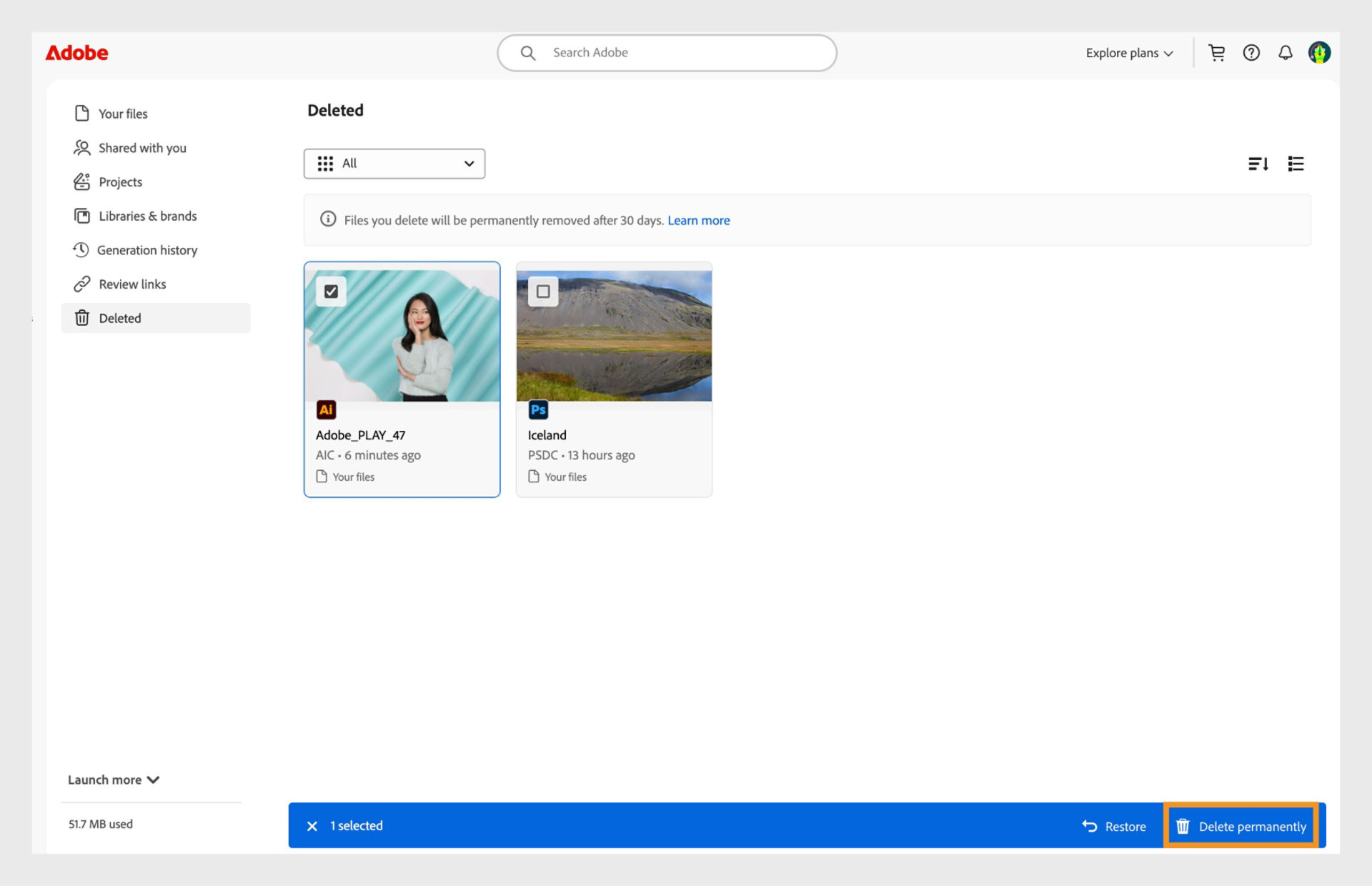 The blue ribbon, that appears at the bottom when you select your files in the Deleted tab, provides the option to delete your cloud documents permanently. 