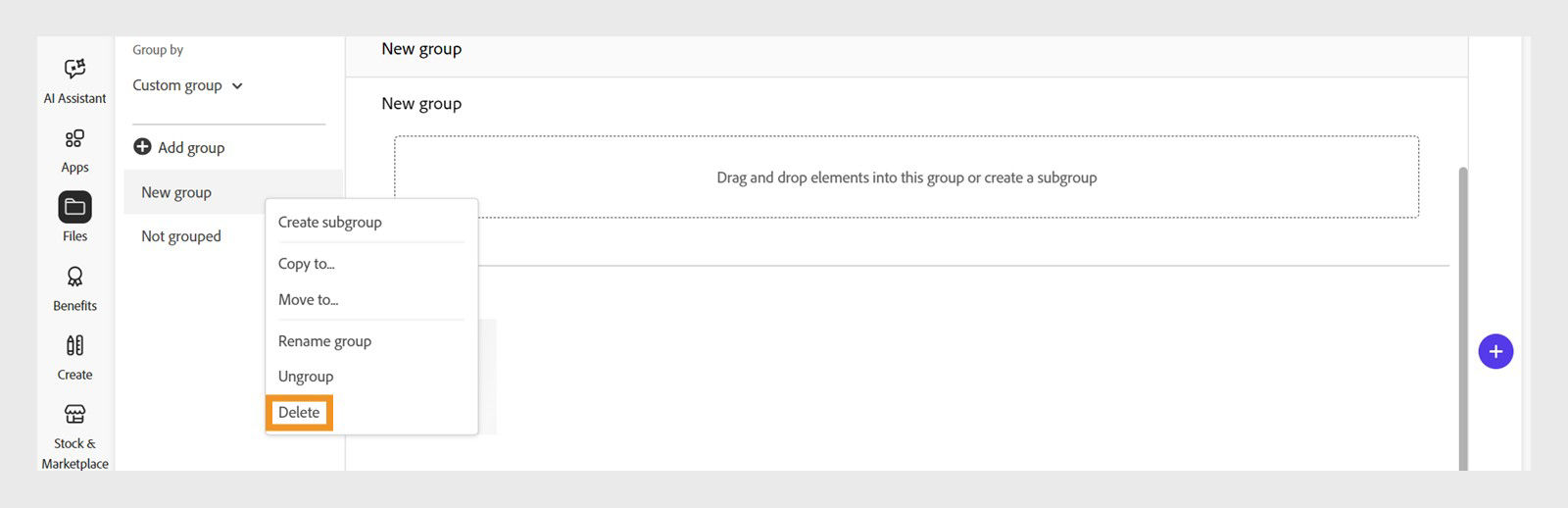 The library group context menu, that appears when you right-click a group or subgroup, provides the option to delete the library group or subgroup. 