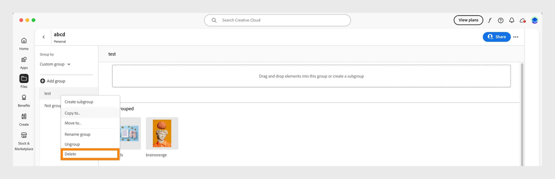 The library group context menu, that appears when you right-click a group or subgroup, provides the option to delete the library group or subgroup. 