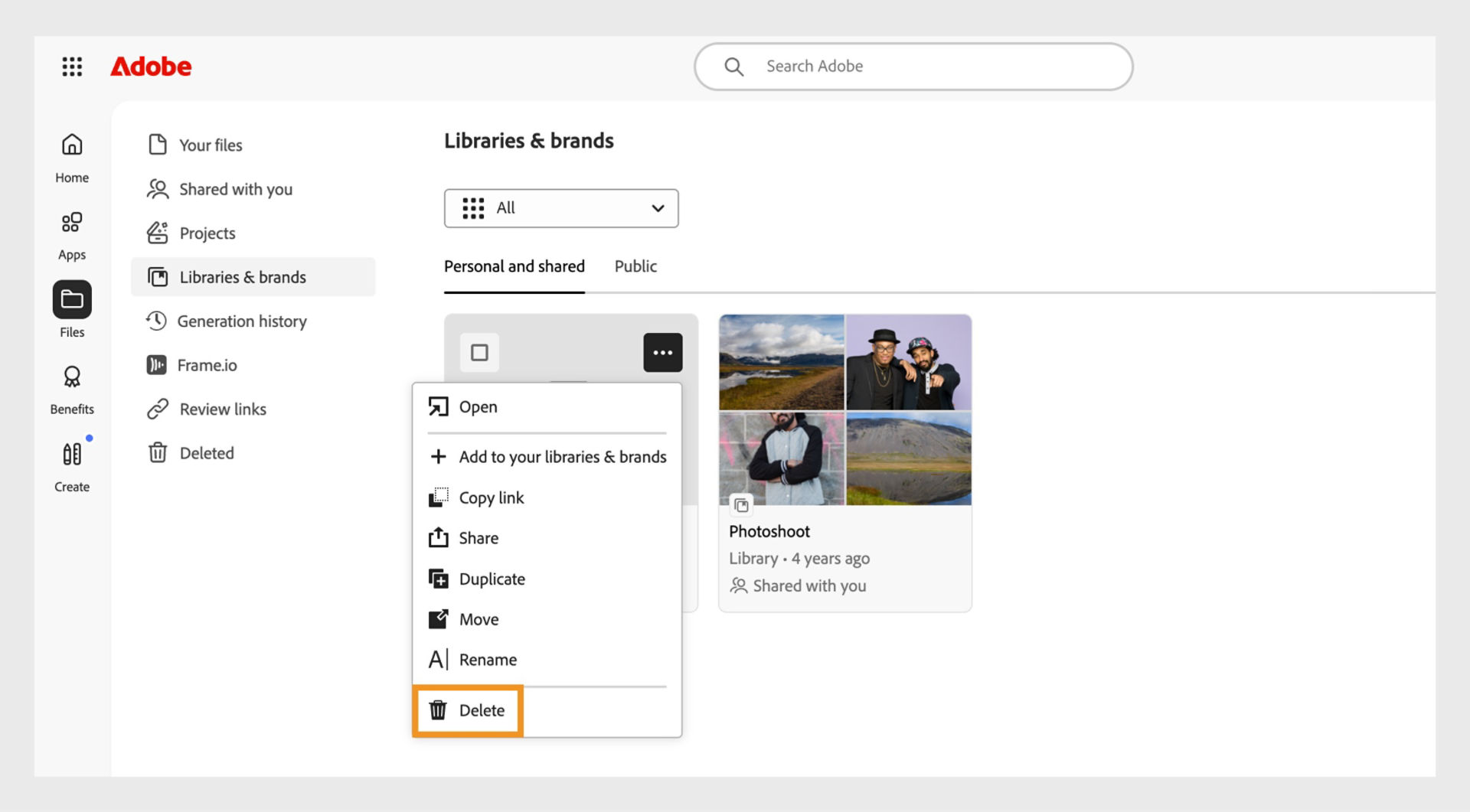 The element context menu, that opens when you right-click an element in your library, provides the option to delete the element in the library. 