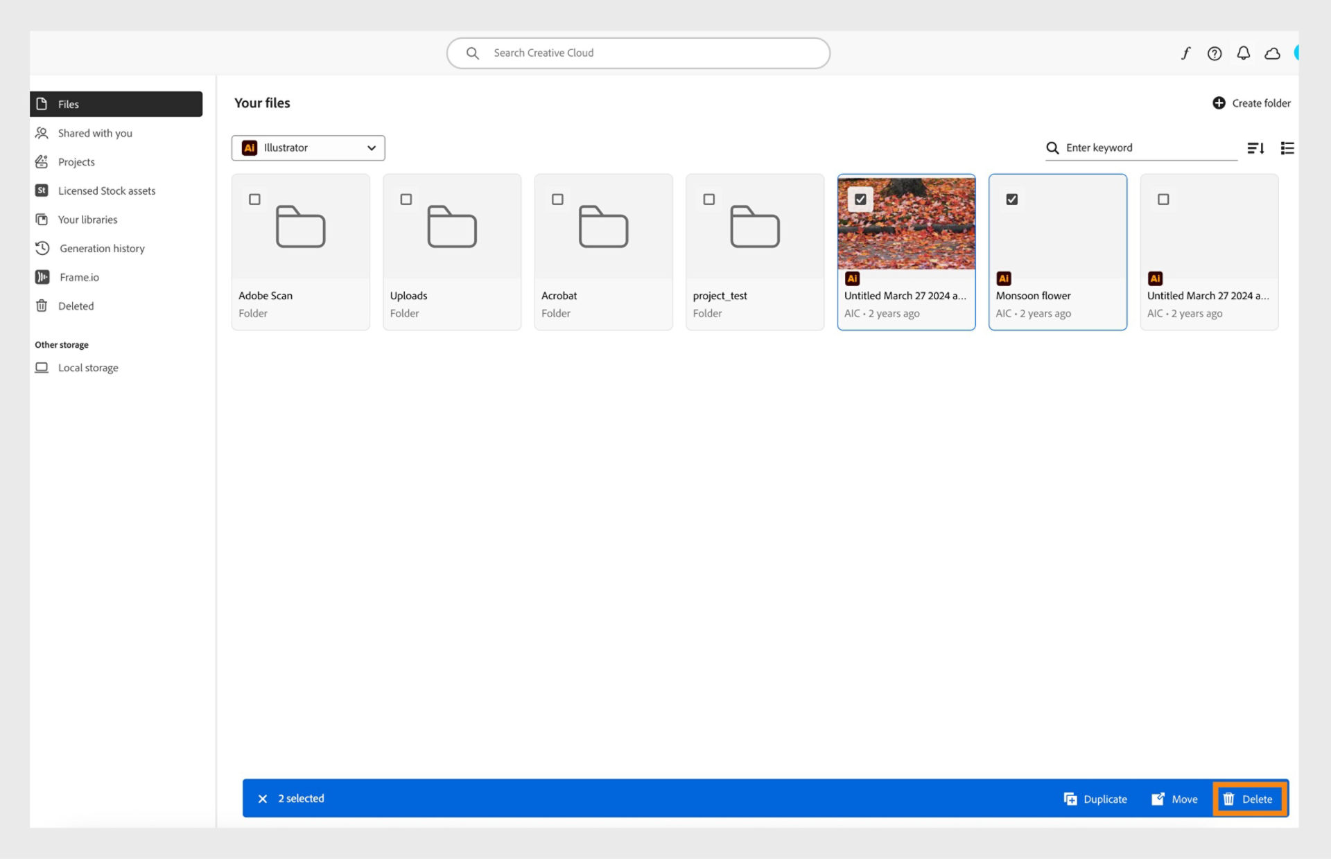 The blue ribbon, that appears at the bottom when you select your files in the Files tab, provides the option to delete your cloud documents. 
