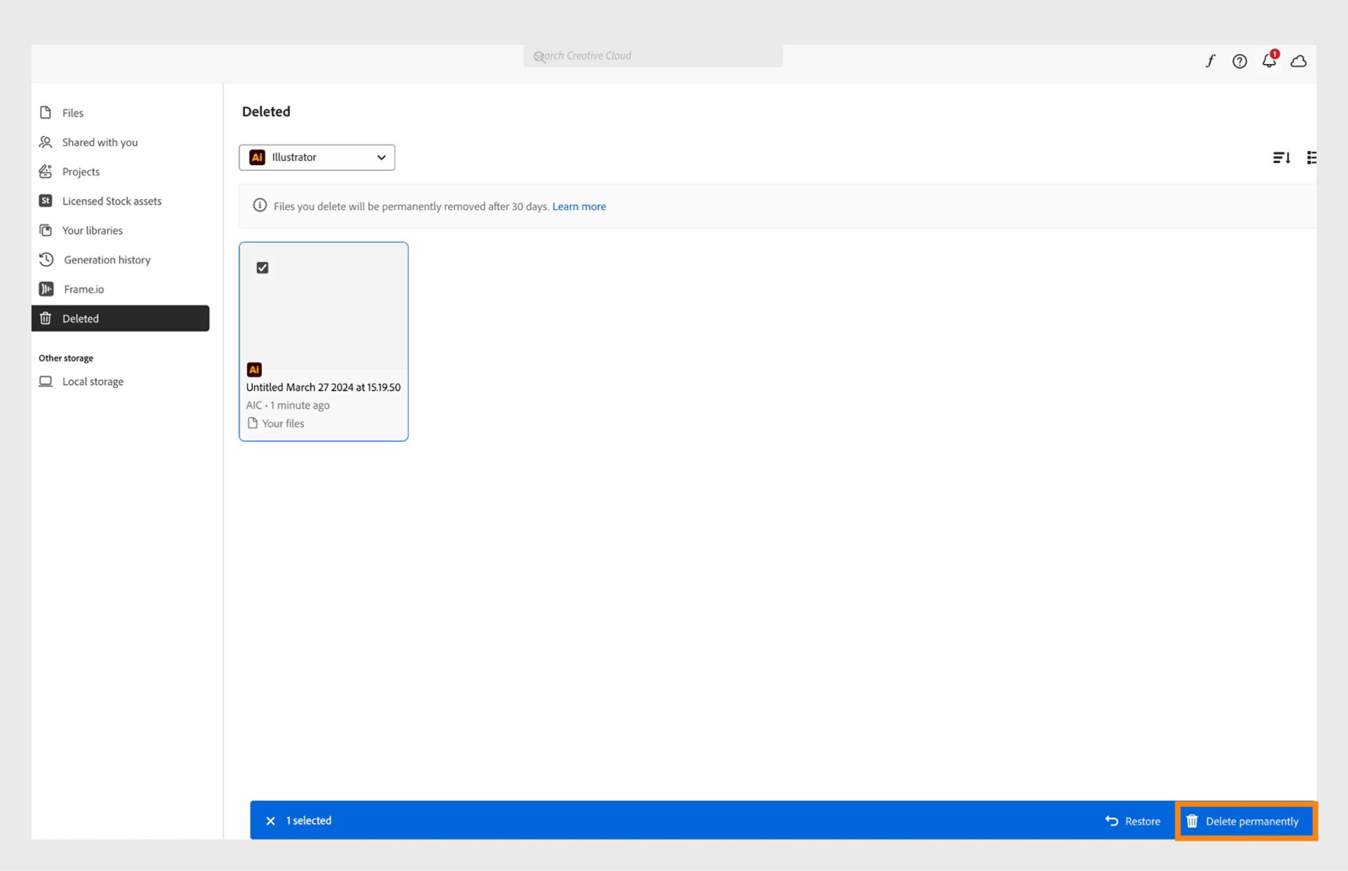 The blue ribbon, that appears at the bottom when you select your files in the Deleted tab, provides the option to delete your cloud documents permanently. 