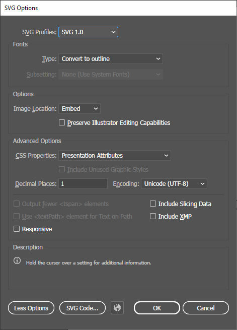 Illustrator export options for SVG