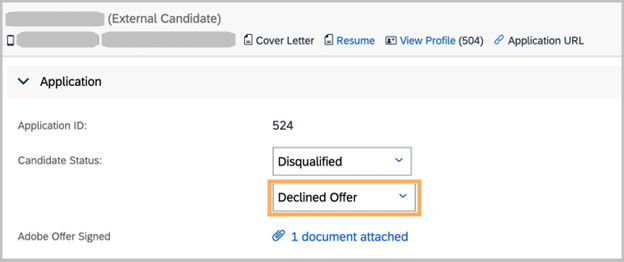 Application current status dialog with "Declined Offer' status highlighted.