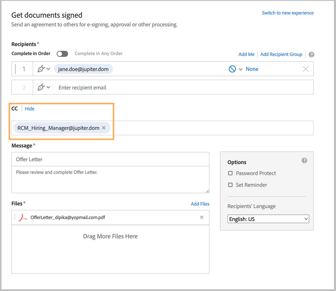 Get documents signed dialog box with recipient details, where the CC recipient's field is highlighted.