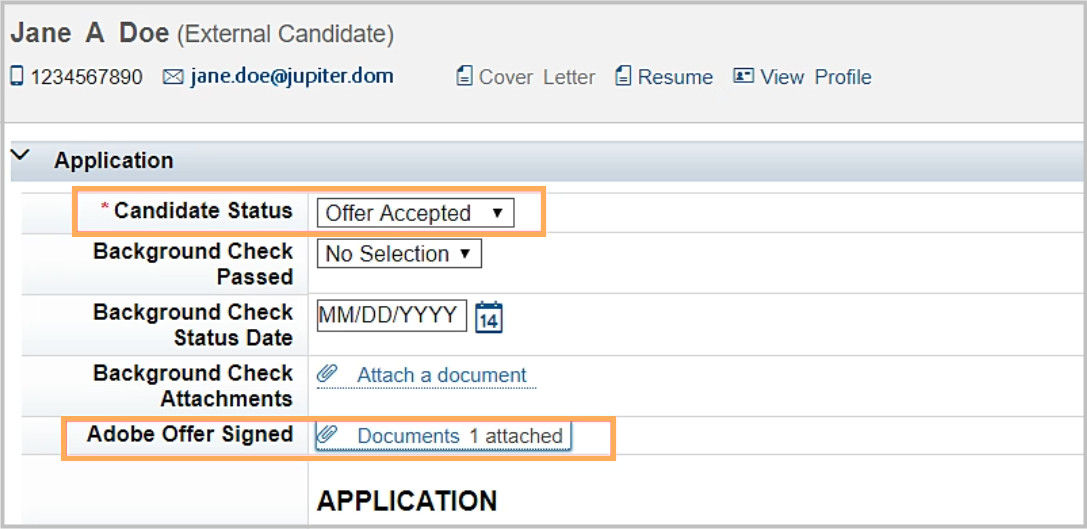 Application dialog showing agreeemnt status, where "Offer Accepted" status is highlighted.