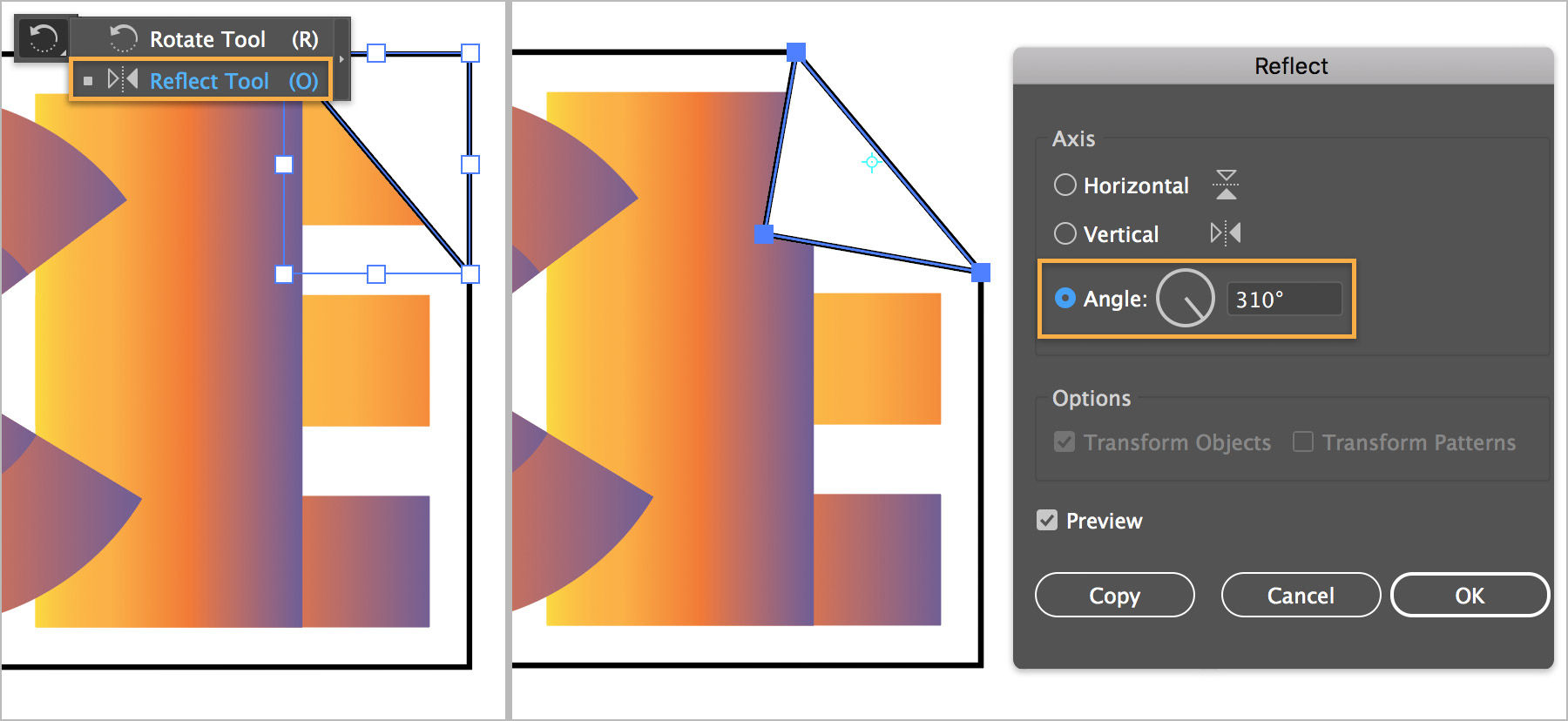 The Reflect tool is used to adjust corner shape and create the appearance of a downturned corner.