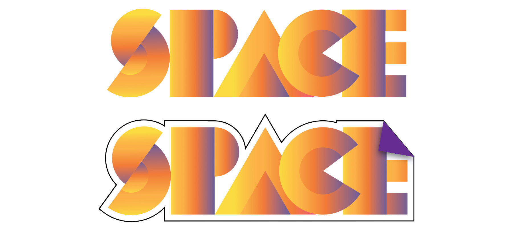“Space” sticker with a black outline and downturned corner appears below original artwork. 