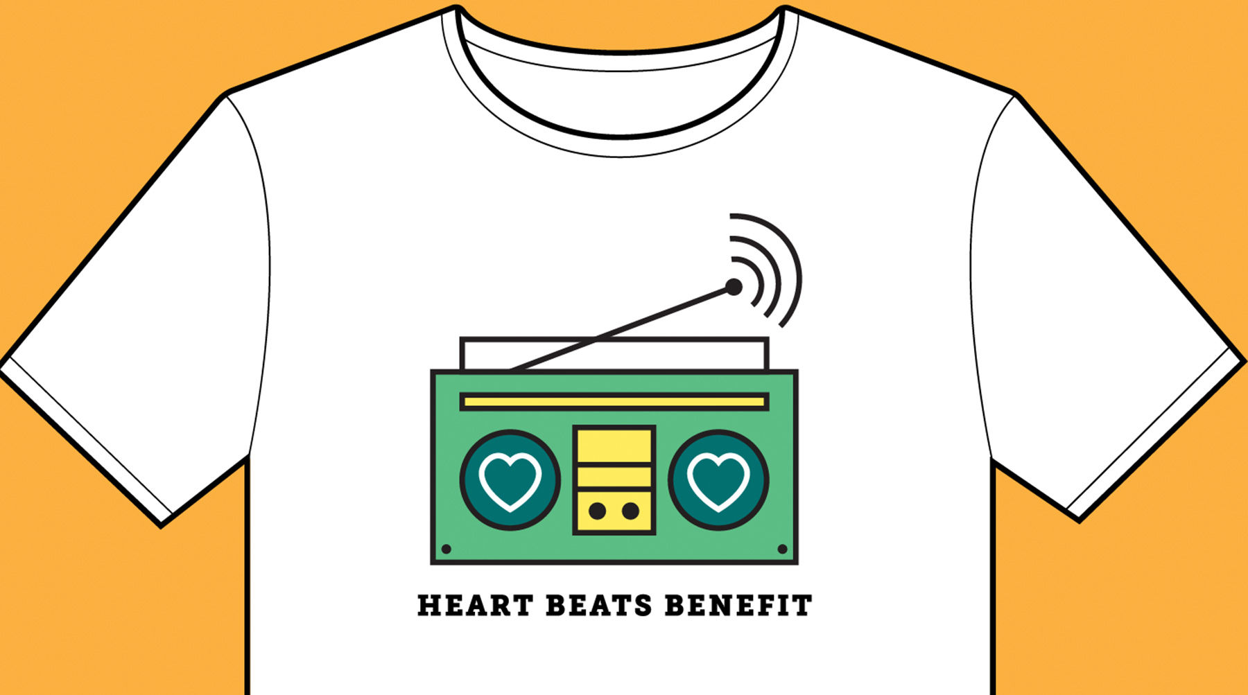White t-shirt with green boombox reads, “HEART BEATS BENEFIT”