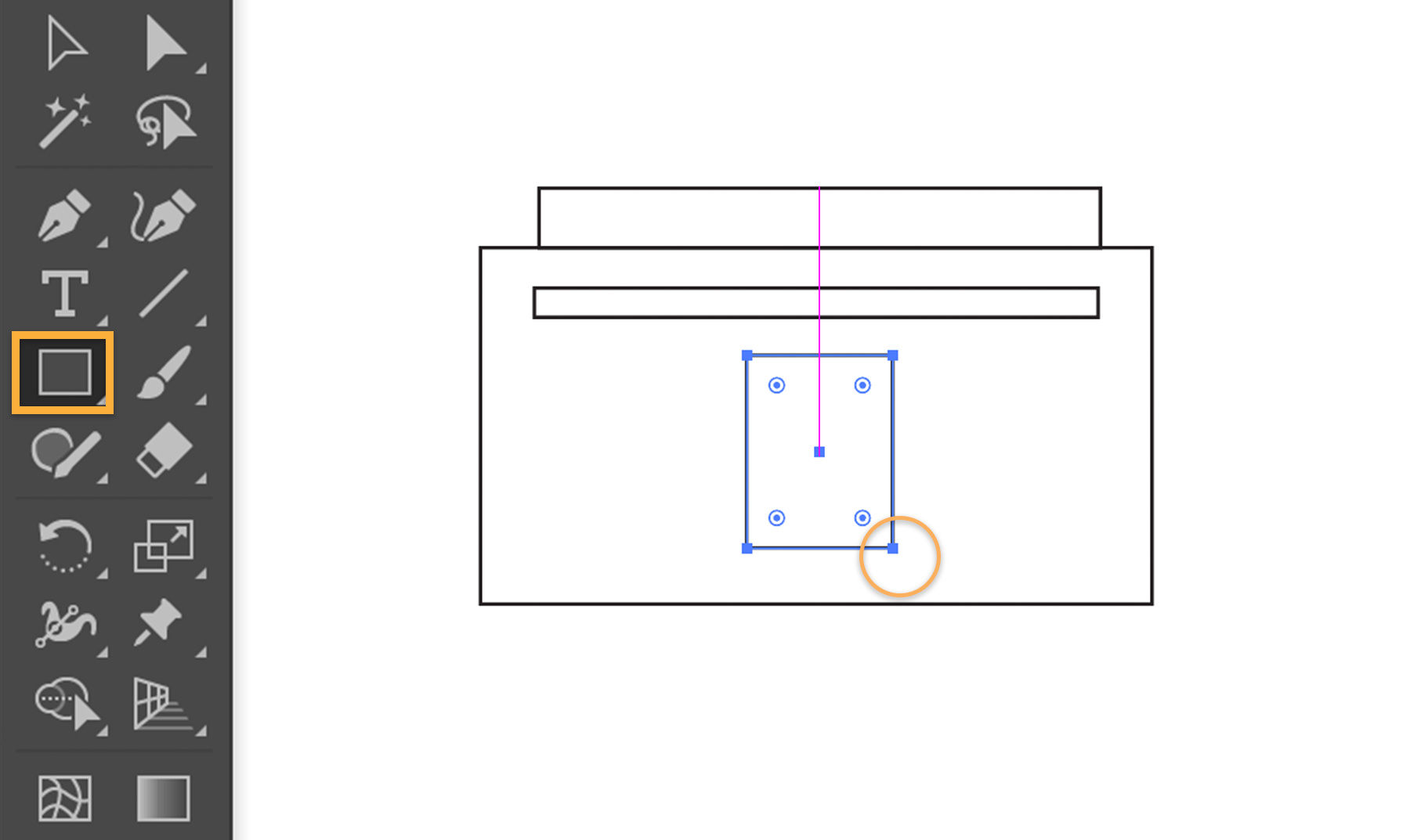Rectangles of various sizes and shapes create the boombox. Magenta Smart Guides help align the shapes.