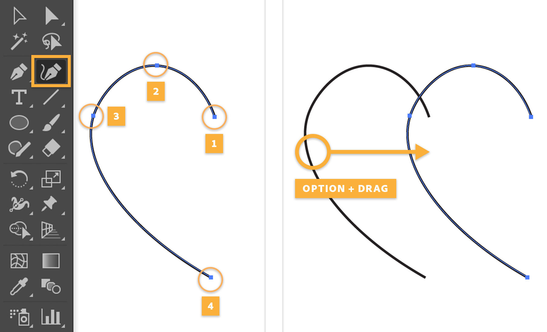 A half-heart shape created with the Curvature tool is duplicated by pressing Alt or Option and dragging it. 