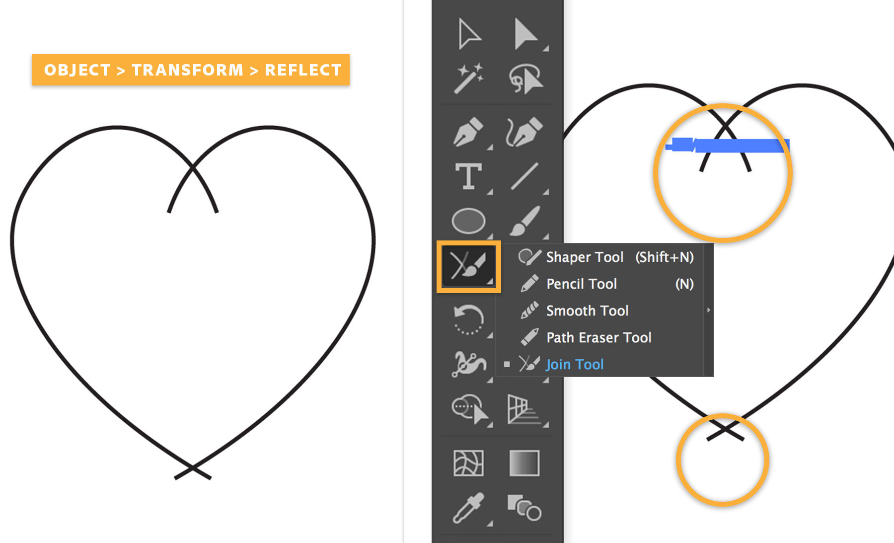 One half-heart shape is reflected along the vertical axis. The Join tool is used to join the pieces and trim excess paths.