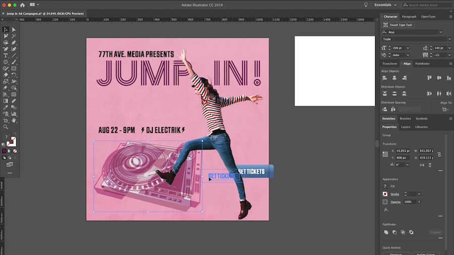 Woman jumping in front of pink backdrop for an event poster. Text and other elements are added using the template guidelines