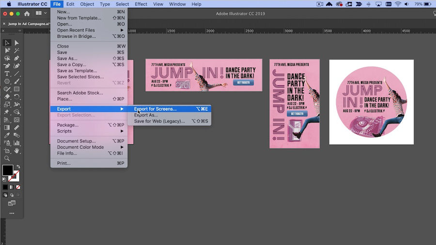 Optimized layouts for social media can be exported through the File > Export menu.
