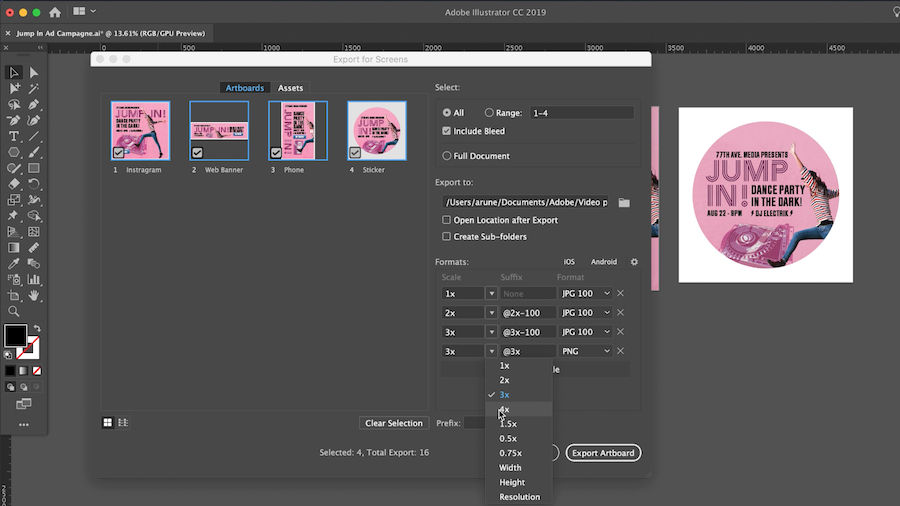 The scale and format for all artboards in one file can be adjusted in the Artboards menu