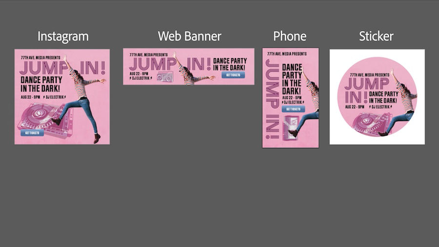 Customized event ads for Instagram, web banners, smartphones, and stickers feature a woman jumping against a pink backdrop