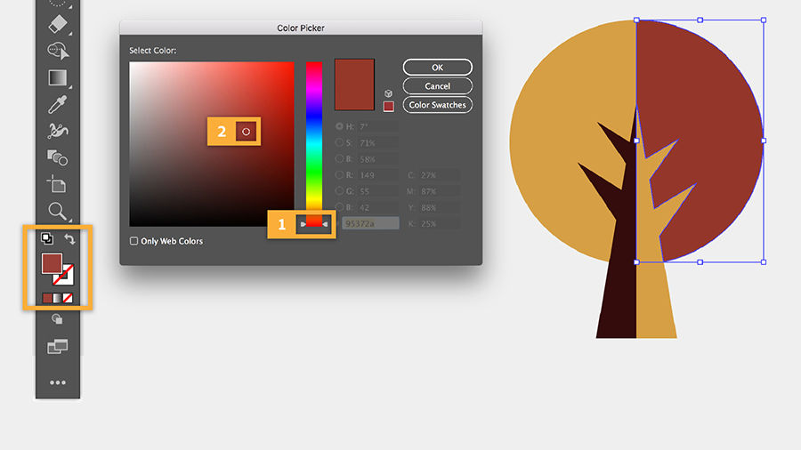The tree halves are colored with the Fill and Stroke color boxes. 