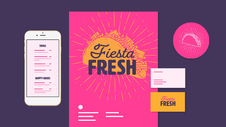 Collection of brightly colored Fiesta Fresh restaurant business collateral