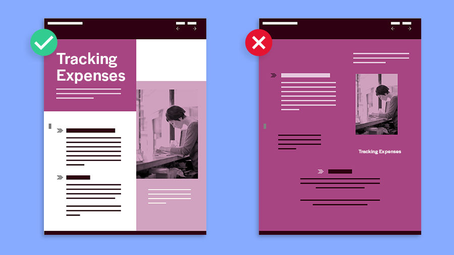 Side-by-side examples of good and bad content hierarchy in layout design