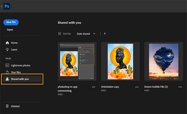 Click the Shared with you tab to see shared documents from within Photoshop