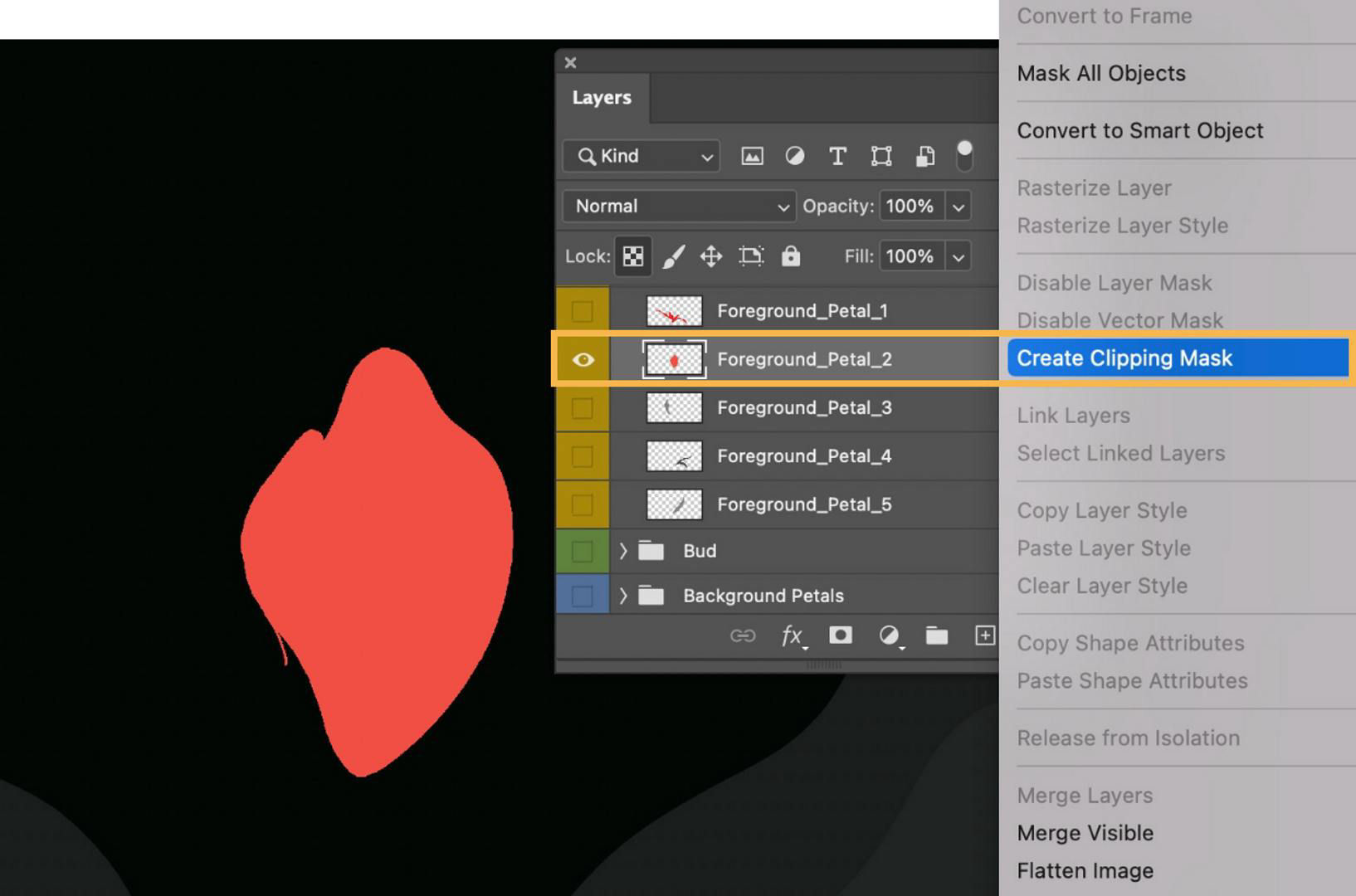 detail and Layers panel in Photoshop, showing how to create a clipping mask.