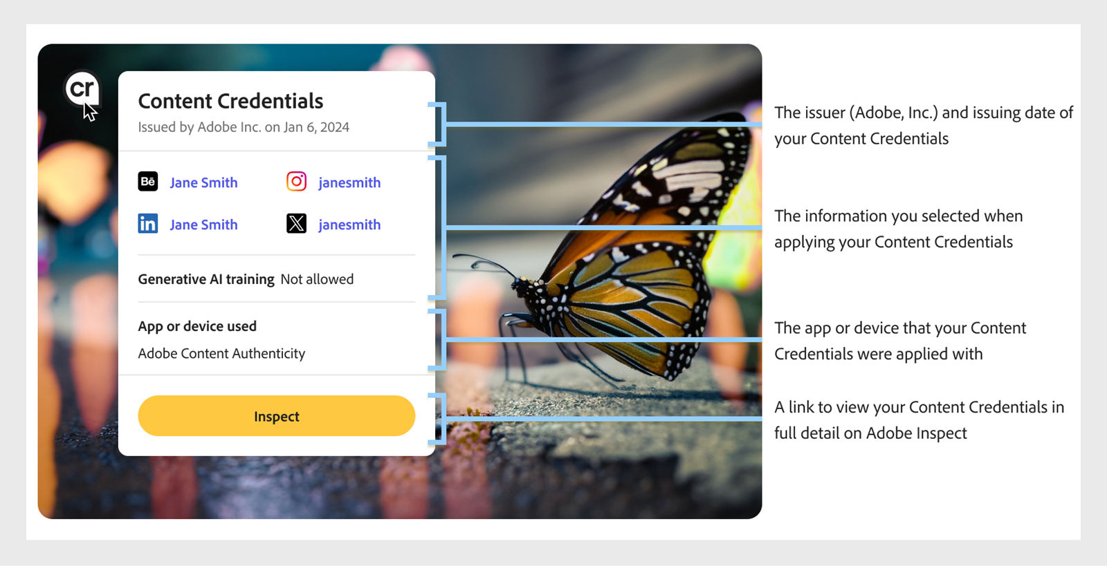 この画像は、発行者の名前、発行日、検査ボタンなど、Content Credentials の表示で使用できるオプションの詳細を示しています。