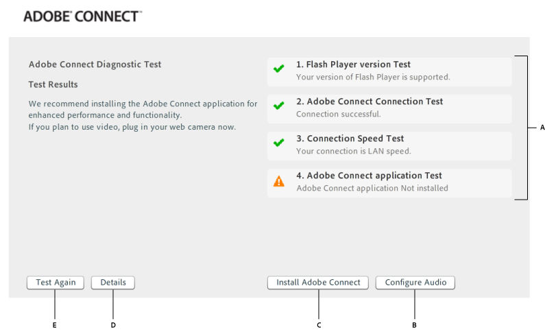 Adobe Connect pre-meeting test results and further actions when Flash Player is enabled in browser