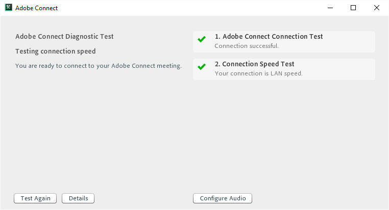 Adobe Connect pre-meeting test results and further actions when application is installed and Flash Player is disabled in browser