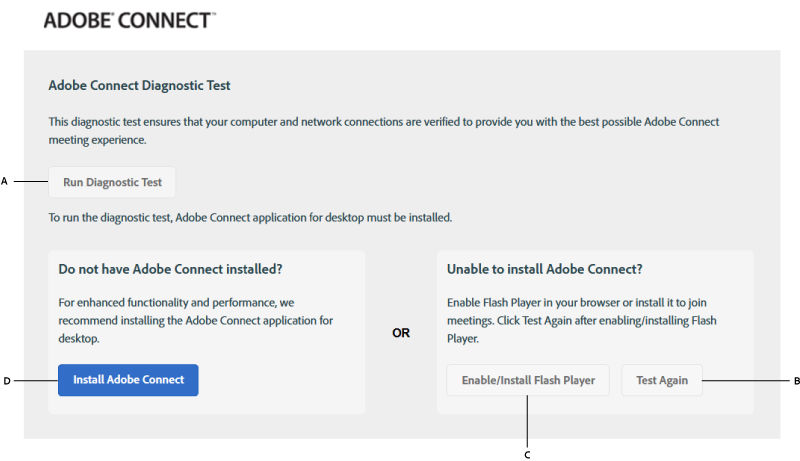 Meeting test results when Adobe Connect and Flash Player are not installed