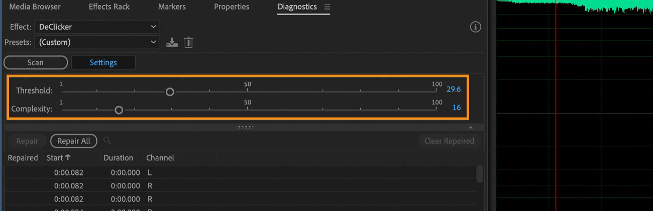 In the Diagnostics panel, DeClicker settings are open to adjust the Threshold and Complexity for detecting and removing click and pop artifacts from audio.
