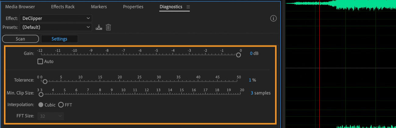 In the Diagnostics panel, DeClipper settings are open to adjust settings such as Gain, Tolerance, and Interpolation.