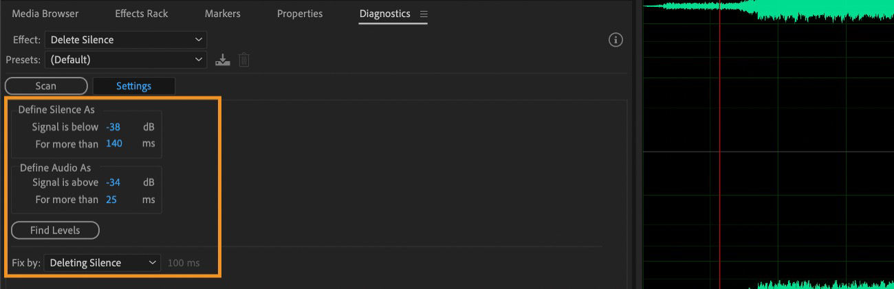 In the Diagnostics panel, Delete Silence settings are open to identify silent passages of audio and either remove or mark them.
