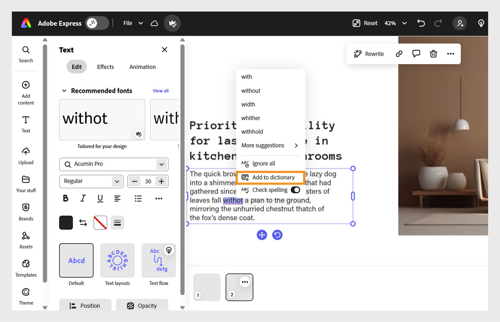 Adobe Express editor with a selected text box showing the word without underlined for a spelling error. A right-click menu displays the suggested correct options with options to Add the work to dictionary highlighted.