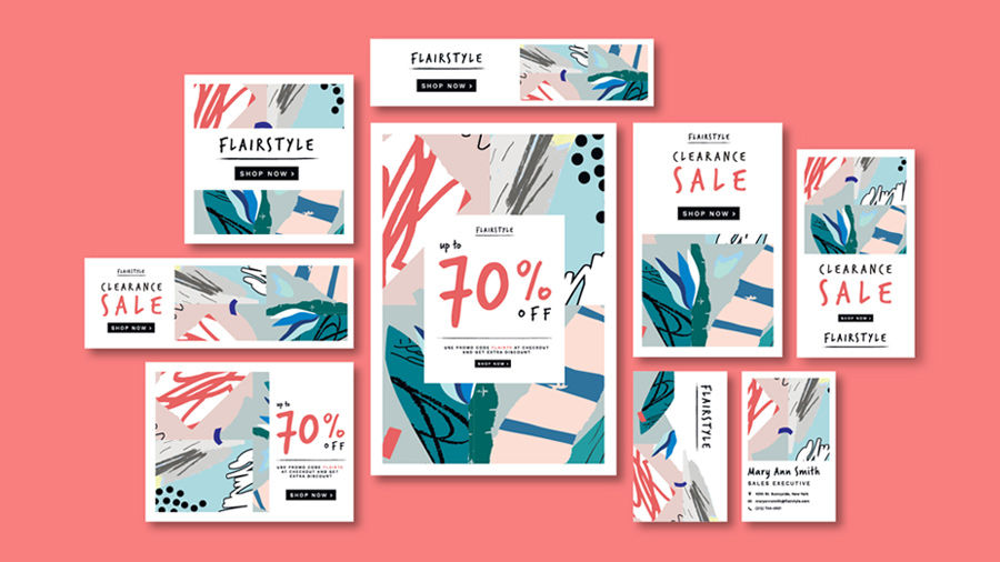 Multiple versions of a sale flyer for Flairstyle on a peach colored background