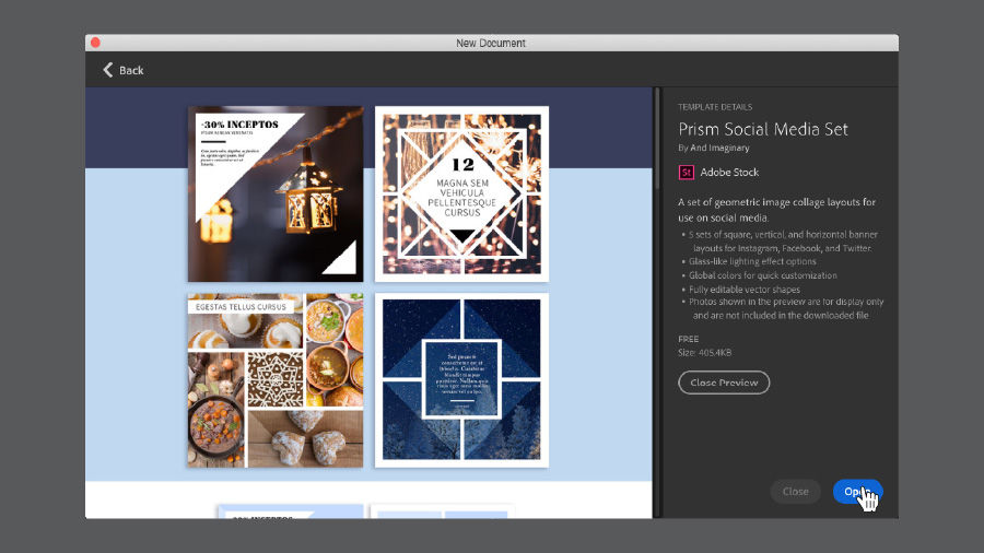 New Document window in Illustrator showing template options for Prism Social Media Set in Adobe Stock