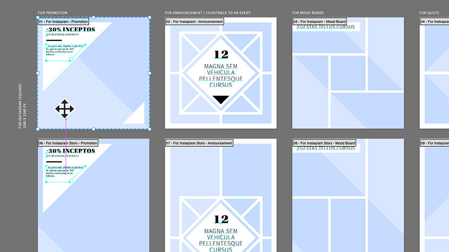 Artboard in Illustrator showing six versions of a promotional collateral design