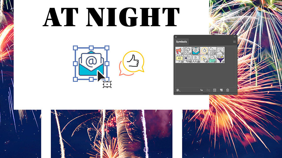 A graphic of an email icon is being placed onto an artboard from the Symbols panel